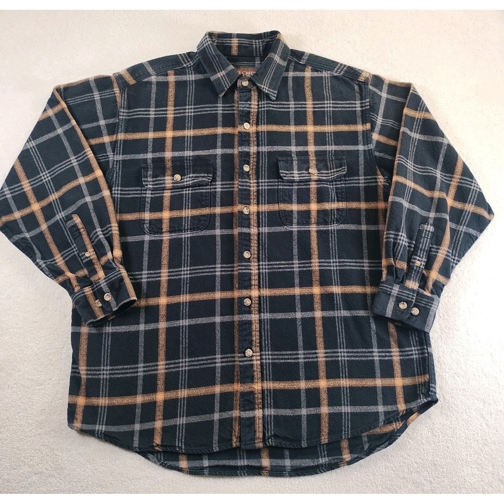 VTG Moose Creek Heavy Flannel Shirt Men's XL Black Tan Plaid Pockets Workwear